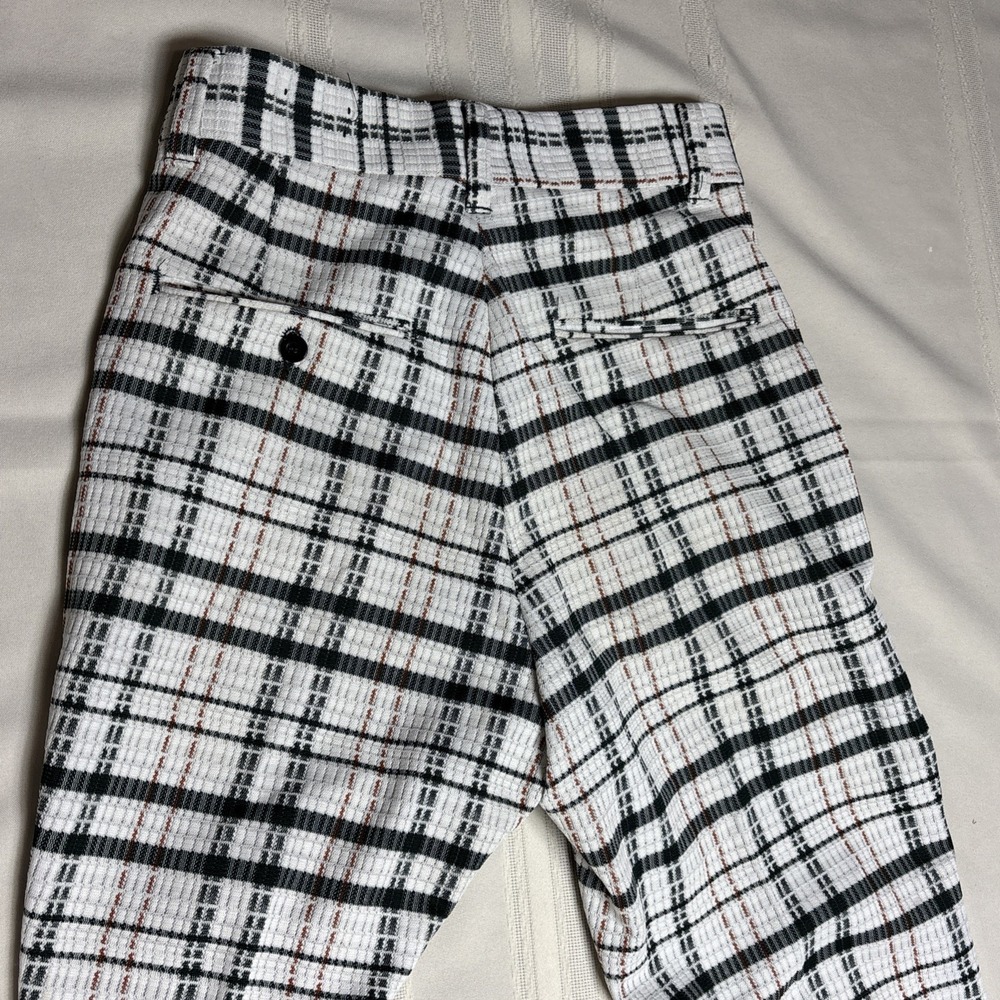 VTG H.I.S. Pants Flared Window Pane Plaid Green Tan White Hippy Pants 70s 26x31